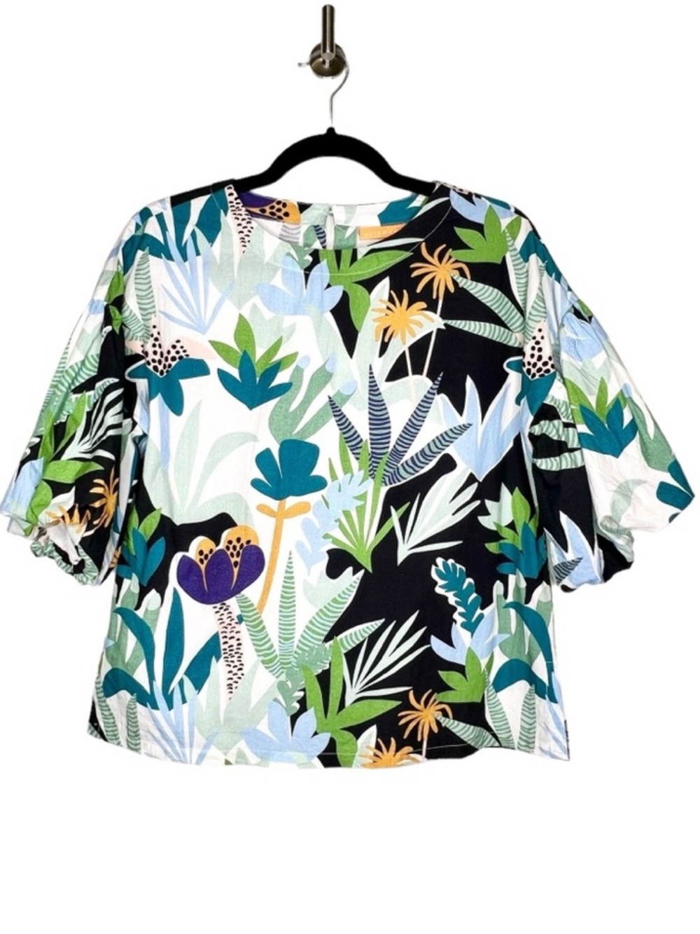 Oliphant Puff Sleeve Botanical Print Poplin  Top M